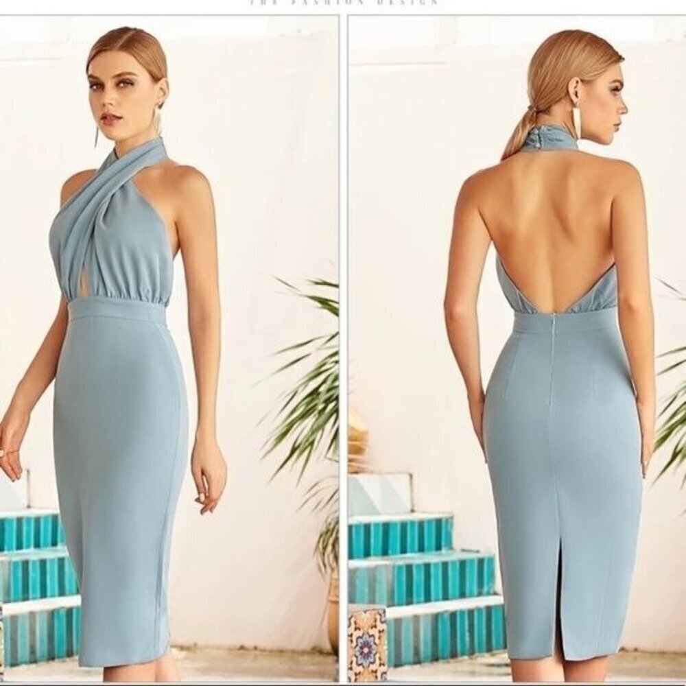 Backless Halter Hollow Out Dress Women Sexy Sleeveless
